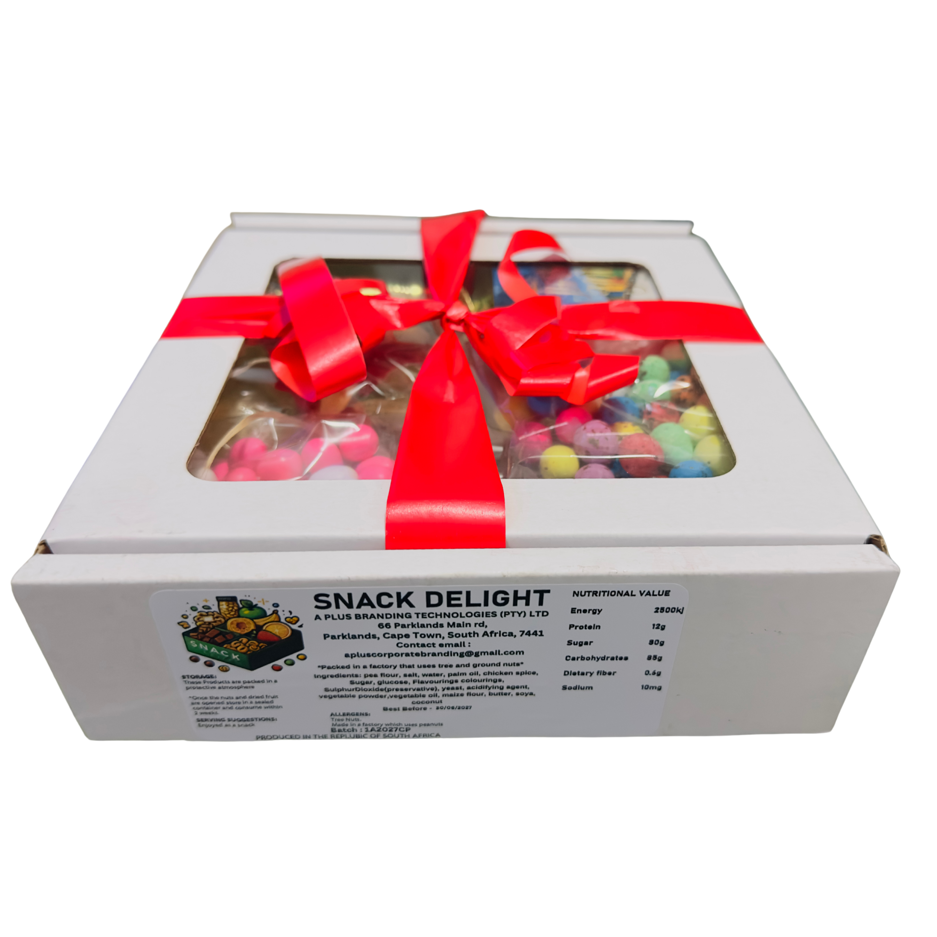 Ivory gift box tied with red satin ribbon